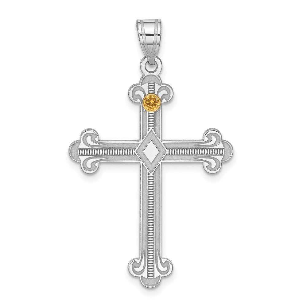 Sterling Silver Rh-plt/14K Bezel Crystal Family Cross Pendant