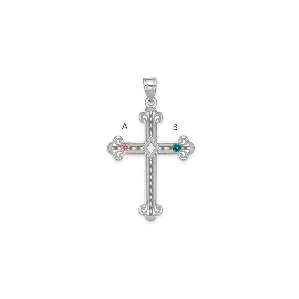 Sterling Silver Rh-plt/14K Bezel Crystal Family Cross Pendant