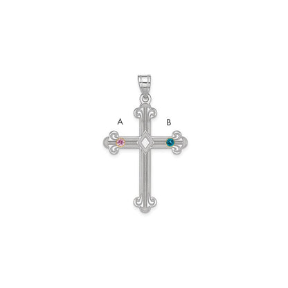 Sterling Silver Rh-plt/14K Bezel Crystal Family Cross Pendant
