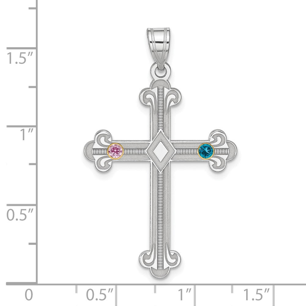 Sterling Silver Rh-plt/14K Bezel Crystal Family Cross Pendant