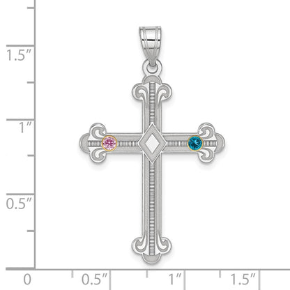 Sterling Silver Rh-plt/14K Bezel Crystal Family Cross Pendant