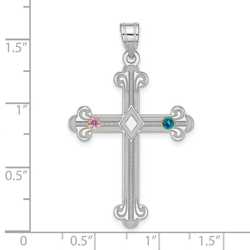 Sterling Silver Rh-plt/14K Bezel Crystal Family Cross Pendant