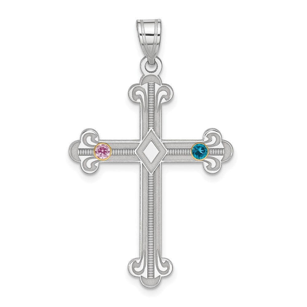 Sterling Silver Rh-plt/14K Bezel Crystal Family Cross Pendant