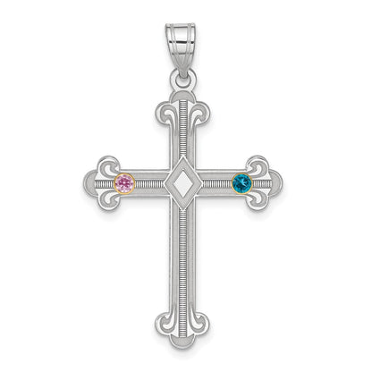 Sterling Silver Rh-plt/14K Bezel Crystal Family Cross Pendant
