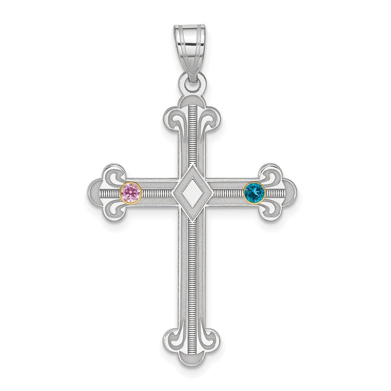 Sterling Silver Rh-plt/14K Bezel Crystal Family Cross Pendant