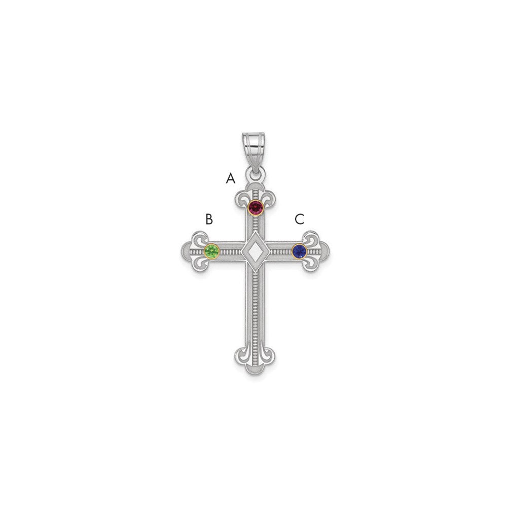 Sterling Silver Rh-plt/14K Bezel Crystal Family Cross Pendant