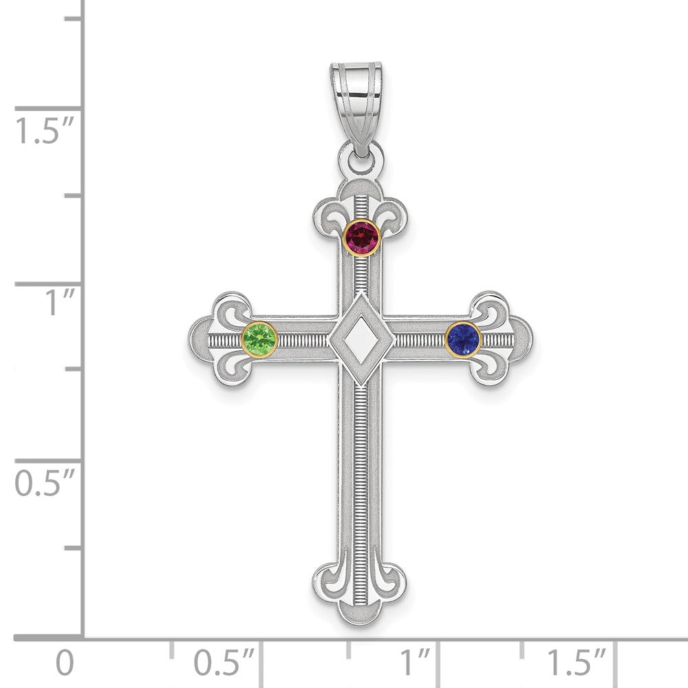 Sterling Silver Rh-plt/14K Bezel Crystal Family Cross Pendant