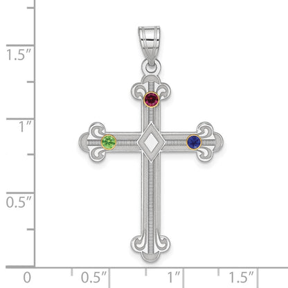 Sterling Silver Rh-plt/14K Bezel Crystal Family Cross Pendant