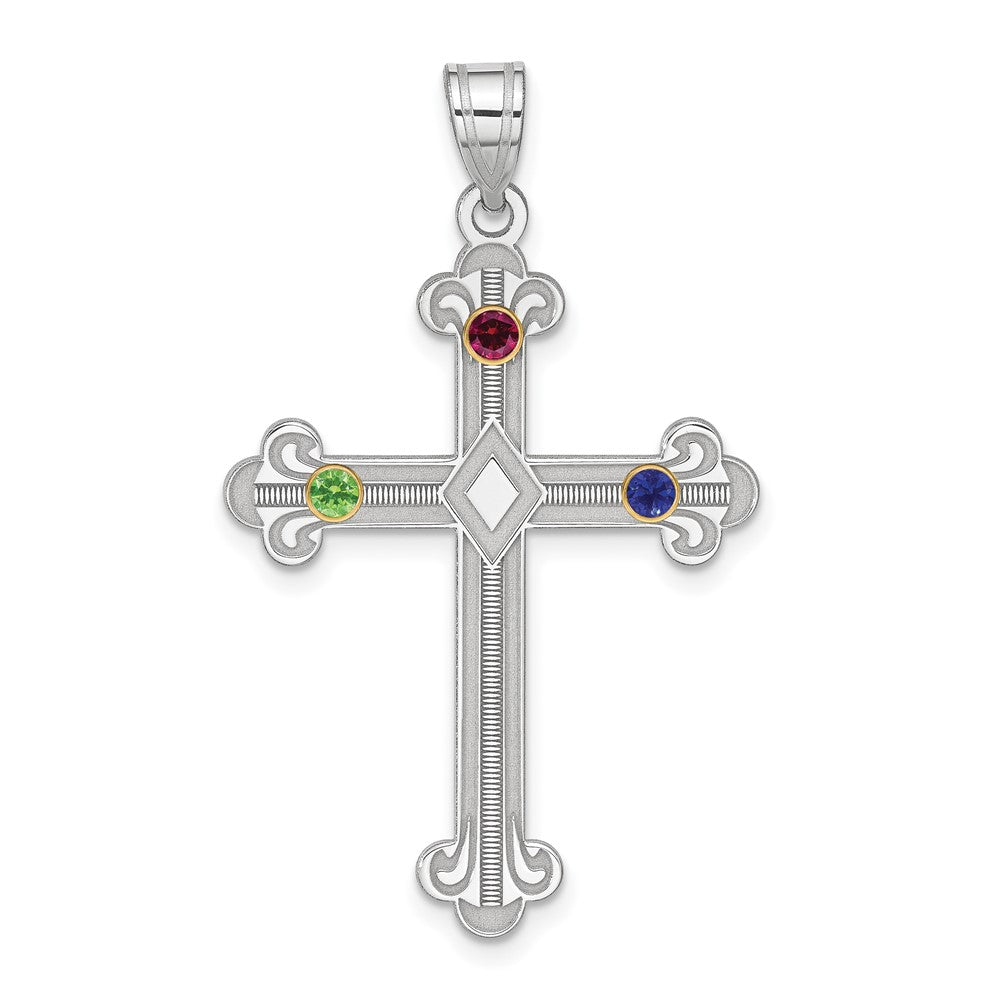 Sterling Silver Rh-plt/14K Bezel Crystal Family Cross Pendant