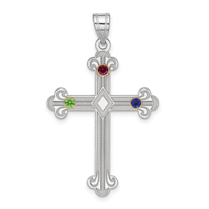 Sterling Silver Rh-plt/14K Bezel Crystal Family Cross Pendant