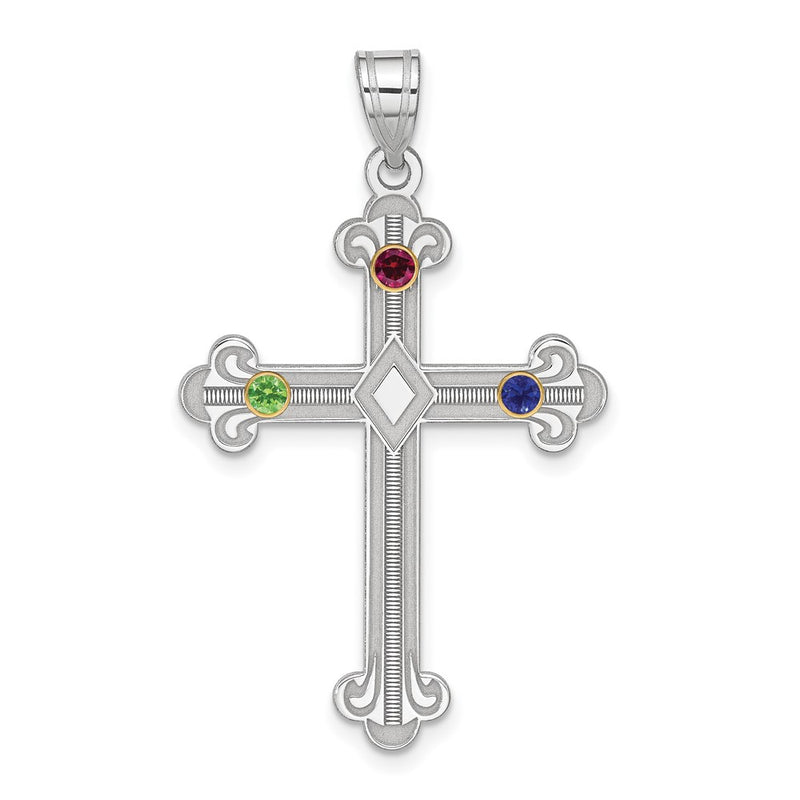 Sterling Silver Rh-plt/14K Bezel Crystal Family Cross Pendant