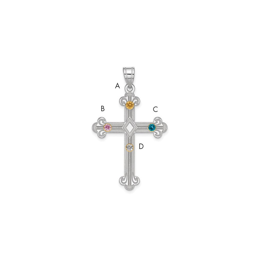 Sterling Silver Rh-plt/14K Bezel Crystal Family Cross Pendant