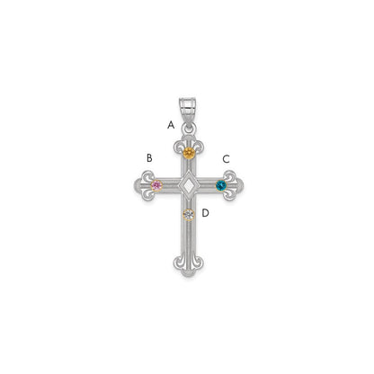 Sterling Silver Rh-plt/14K Bezel Crystal Family Cross Pendant