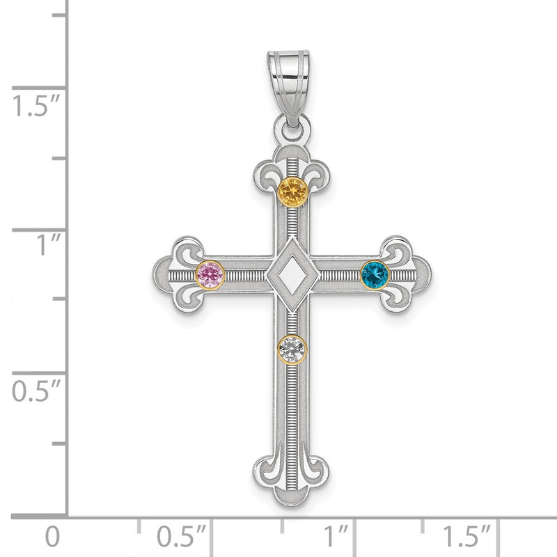 Sterling Silver Rh-plt/14K Bezel Crystal Family Cross Pendant