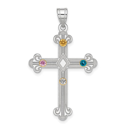 Sterling Silver Rh-plt/14K Bezel Crystal Family Cross Pendant