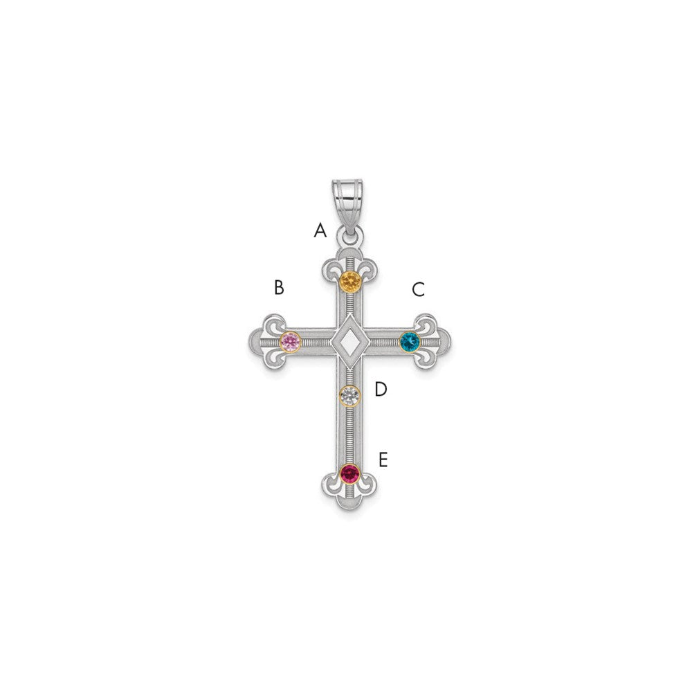 Sterling Silver Rh-plt/14K Bezel Crystal Family Cross Pendant