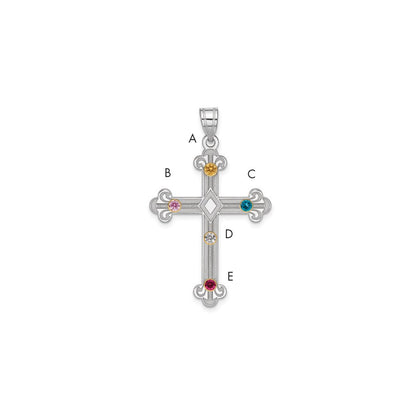 Sterling Silver Rh-plt/14K Bezel Crystal Family Cross Pendant