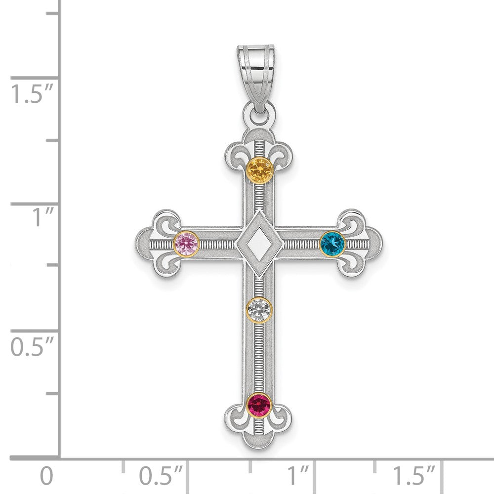 Sterling Silver Rh-plt/14K Bezel Crystal Family Cross Pendant
