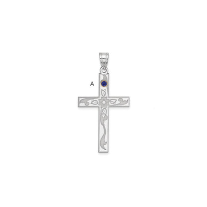 Sterling Silver Rh-plt/14K Bezel Crystal Family Cross Pendant