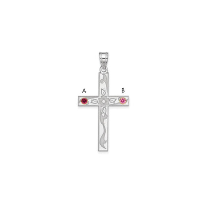 Sterling Silver Rh-plt/14K Bezel Crystal Family Cross Pendant