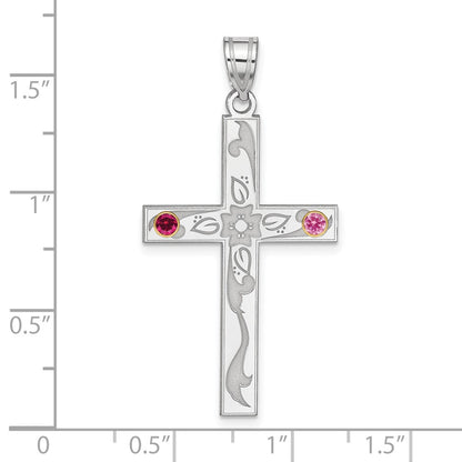 Sterling Silver Rh-plt/14K Bezel Crystal Family Cross Pendant