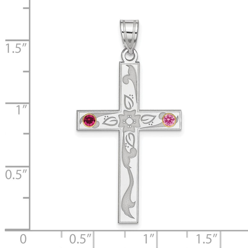 Sterling Silver Rh-plt/14K Bezel Crystal Family Cross Pendant