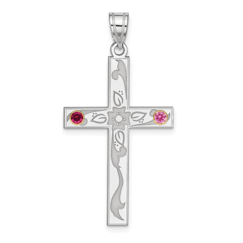 Sterling Silver Rh-plt/14K Bezel Crystal Family Cross Pendant