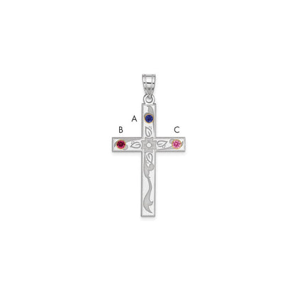 Sterling Silver Rh-plt/14K Bezel Crystal Family Cross Pendant