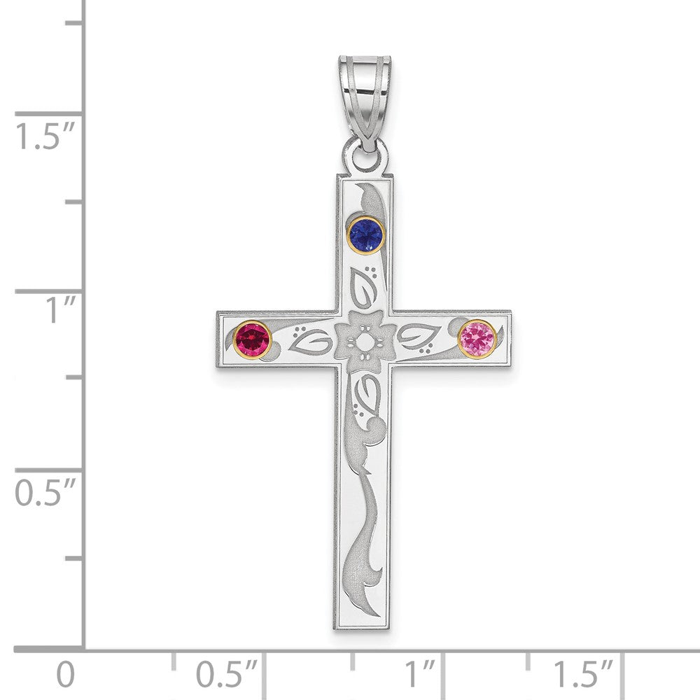 Sterling Silver Rh-plt/14K Bezel Crystal Family Cross Pendant