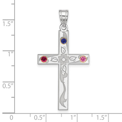 Sterling Silver Rh-plt/14K Bezel Crystal Family Cross Pendant