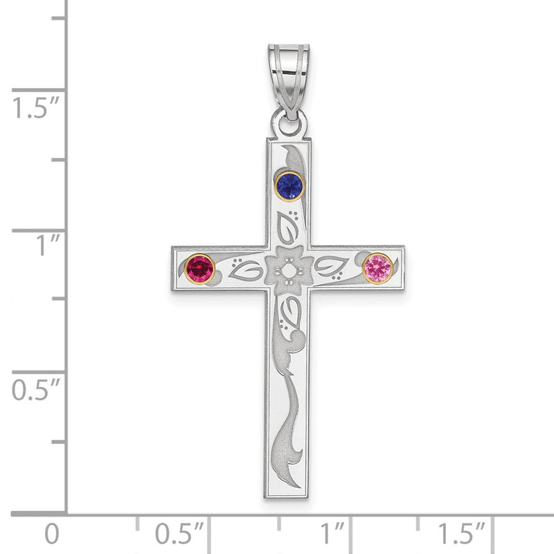 Sterling Silver Rh-plt/14K Bezel Crystal Family Cross Pendant