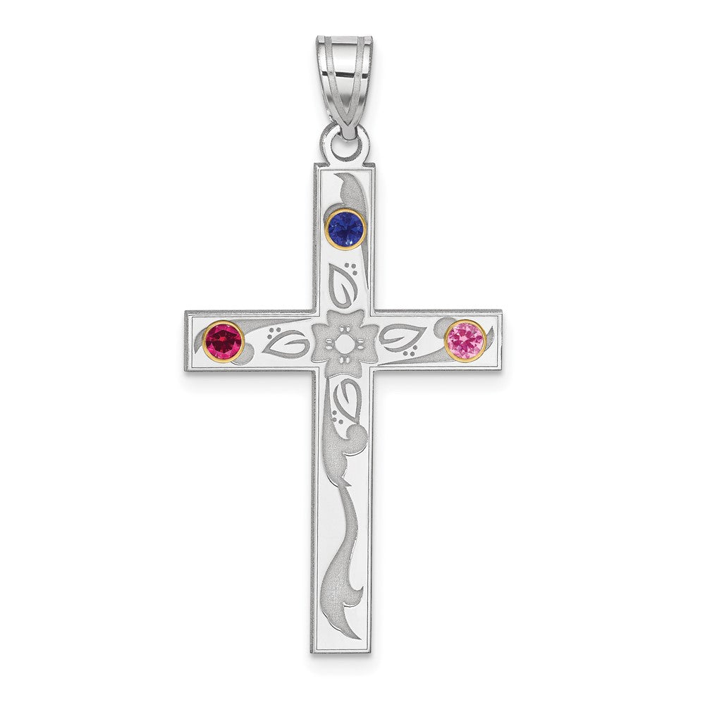 Sterling Silver Rh-plt/14K Bezel Crystal Family Cross Pendant