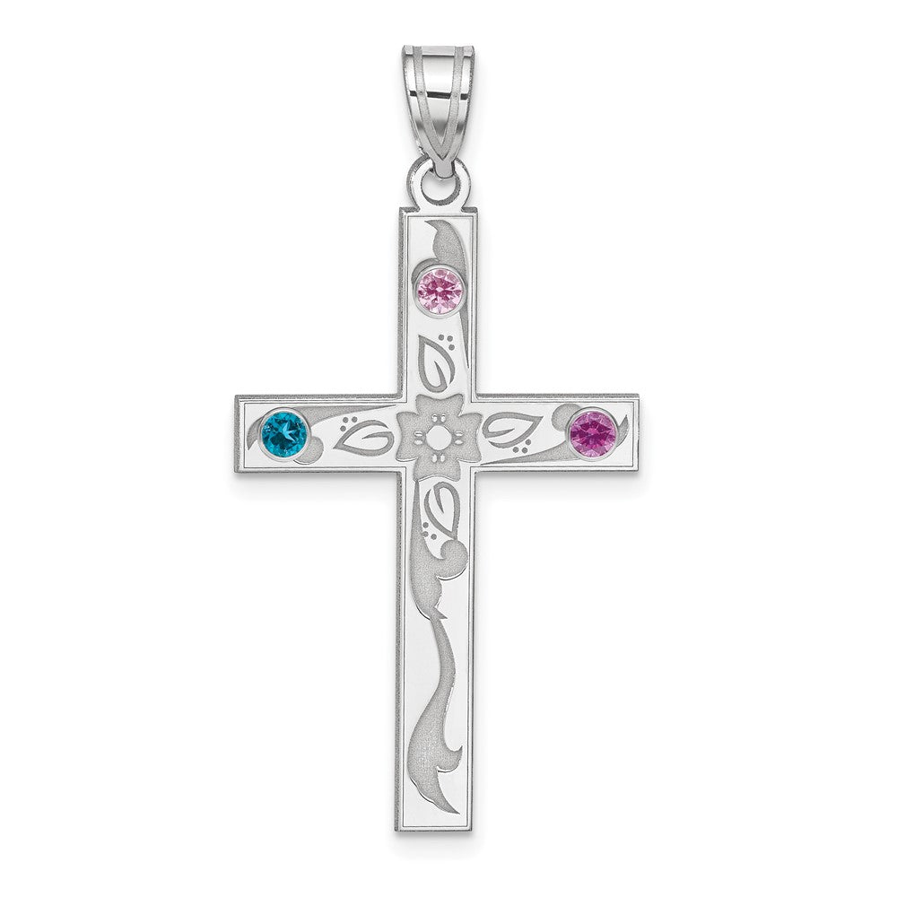 Sterling Silver Rh-Plt Crystal Family Cross Pendant