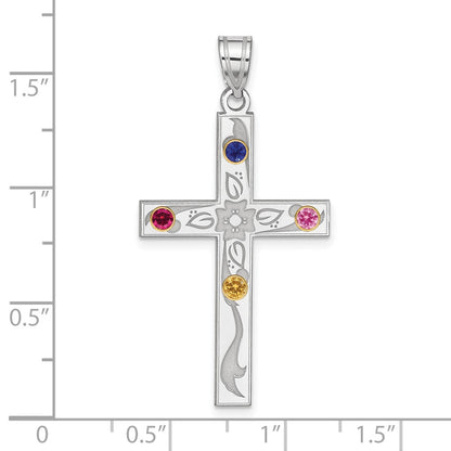 Sterling Silver Rh-plt/14K Bezel Crystal Family Cross Pendant