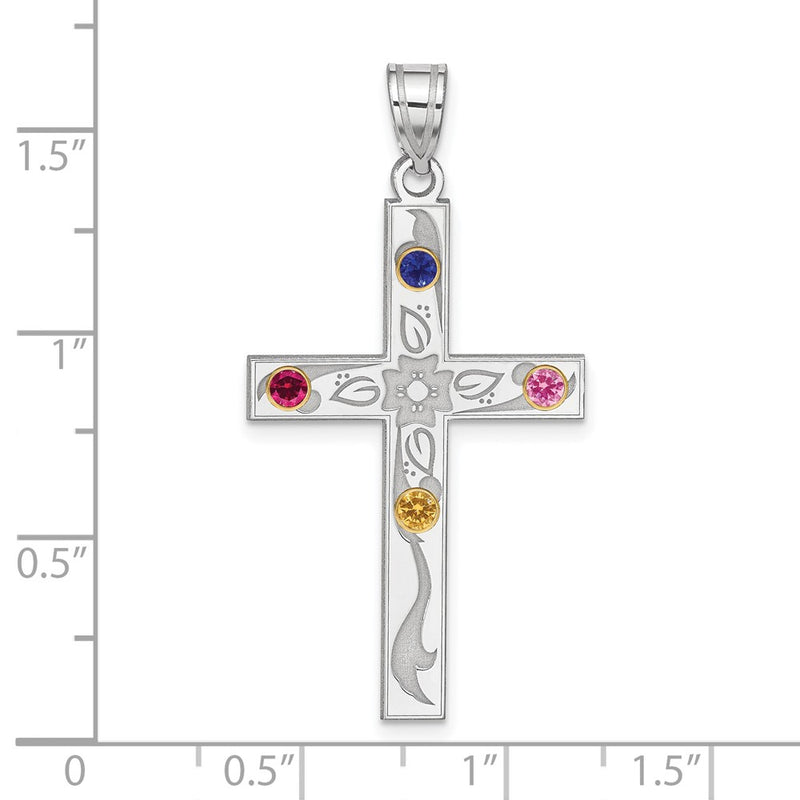 Sterling Silver Rh-plt/14K Bezel Crystal Family Cross Pendant
