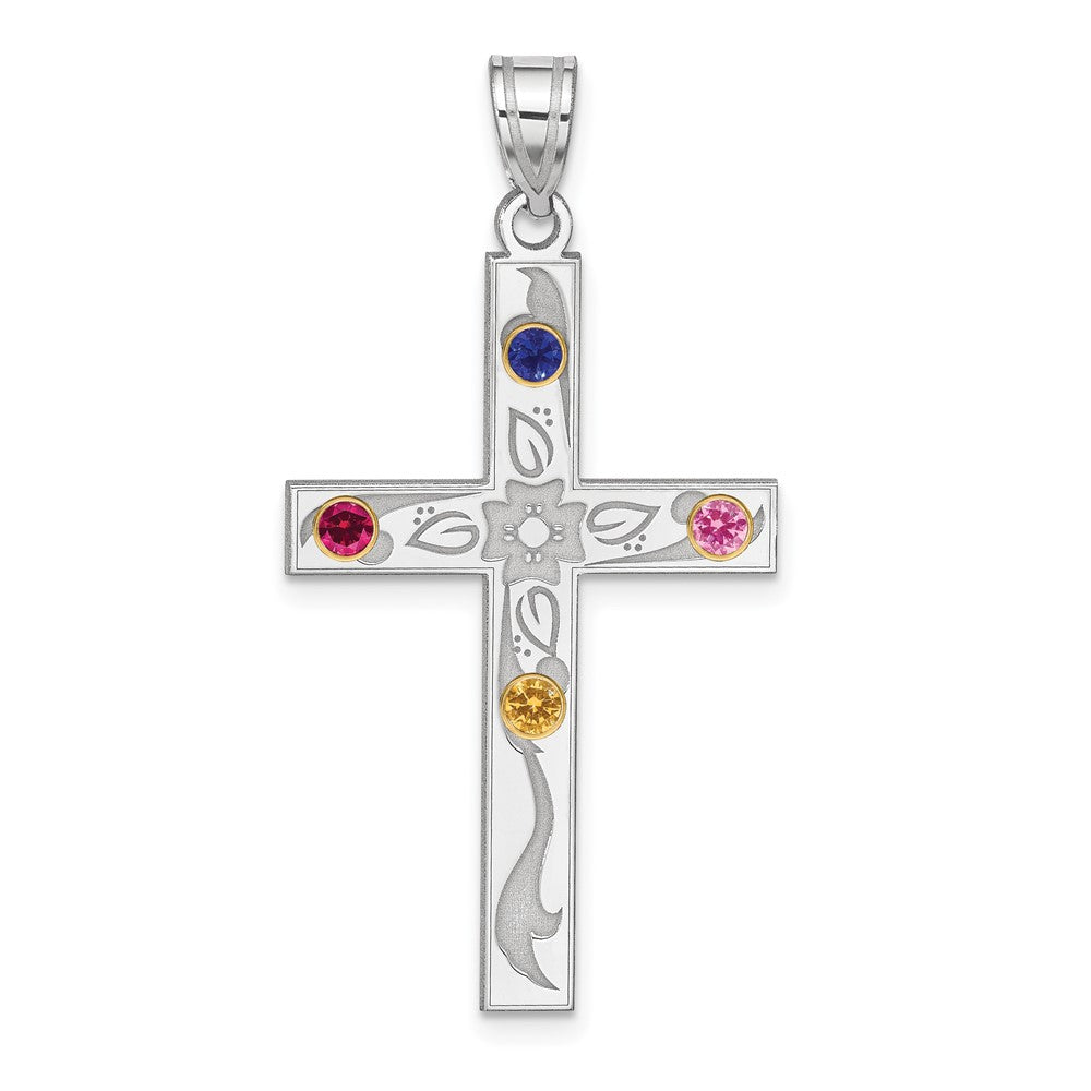 Sterling Silver Rh-plt/14K Bezel Crystal Family Cross Pendant