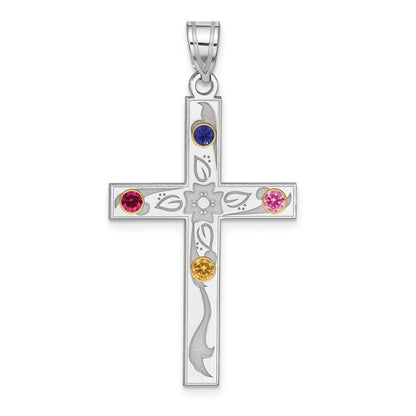 Sterling Silver Rh-plt/14K Bezel Crystal Family Cross Pendant