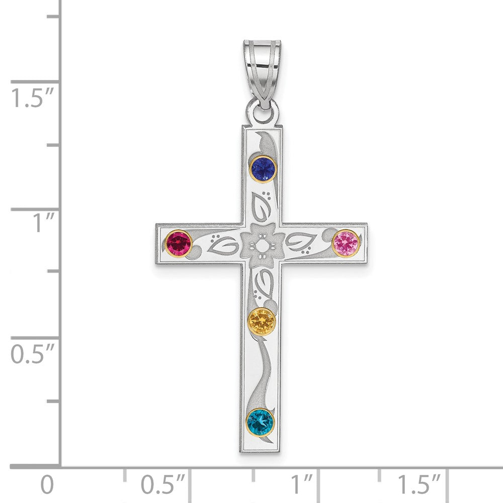 Sterling Silver Rh-plt/14K Bezel Crystal Family Cross Pendant