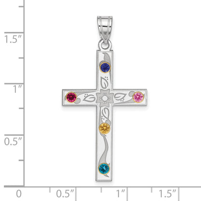 Sterling Silver Rh-plt/14K Bezel Crystal Family Cross Pendant