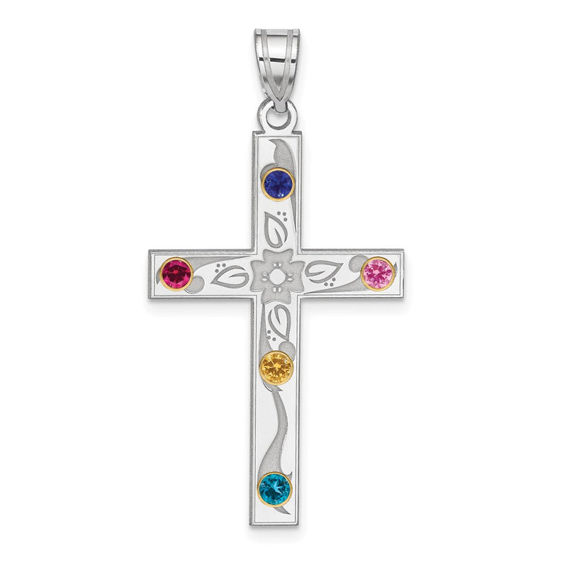 Sterling Silver Rh-plt/14K Bezel Crystal Family Cross Pendant