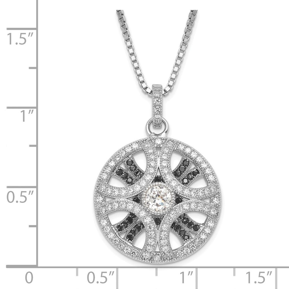 Sterling Silver Rhodium-Plated Black & Clear Cz Circle Brilliant Embers W/ 2In Ext Necklace