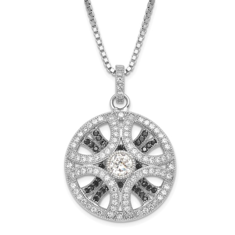 Sterling Silver Rhodium-Plated Black & Clear Cz Circle Brilliant Embers W/ 2In Ext Necklace