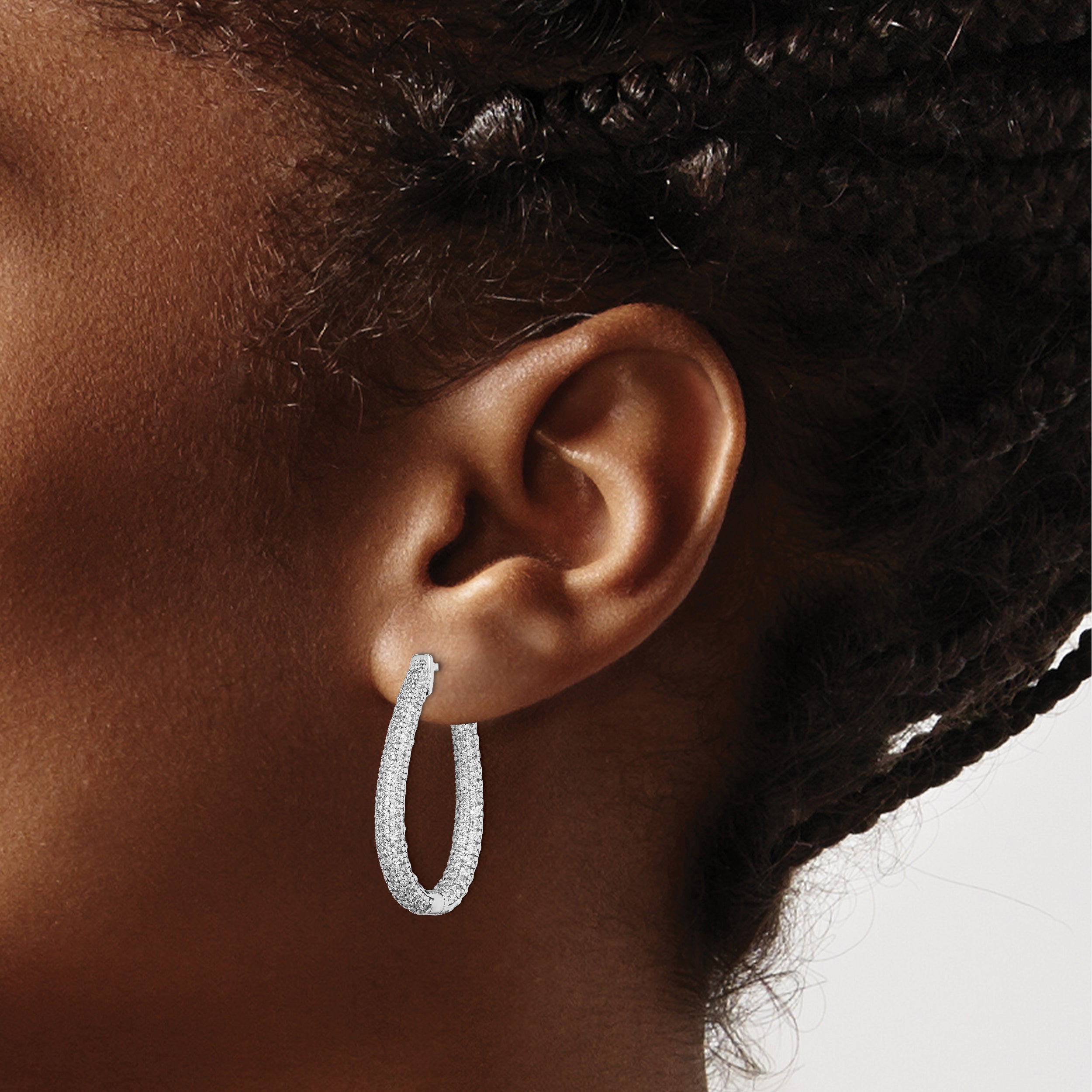 Sterling Silver Shimmer Rhodium-Plated 242 Stone Pav 1.2mm-1.5mm Cz In And Out Teardrop Hinged Hoop Earrings