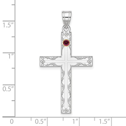 Sterling Silver Rh-plt/14K Bezel Crystal Family Cross Pendant