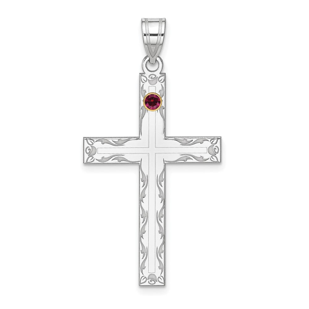 Sterling Silver Rh-plt/14K Bezel Crystal Family Cross Pendant