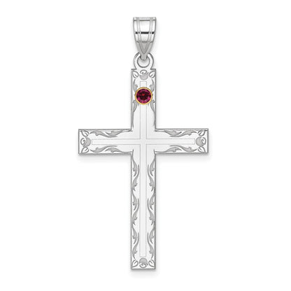 Sterling Silver Rh-plt/14K Bezel Crystal Family Cross Pendant