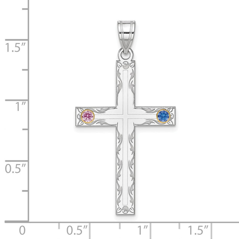 Sterling Silver Rh-plt/14K Bezel Crystal Family Cross Pendant