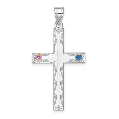 Sterling Silver Rh-plt/14K Bezel Crystal Family Cross Pendant