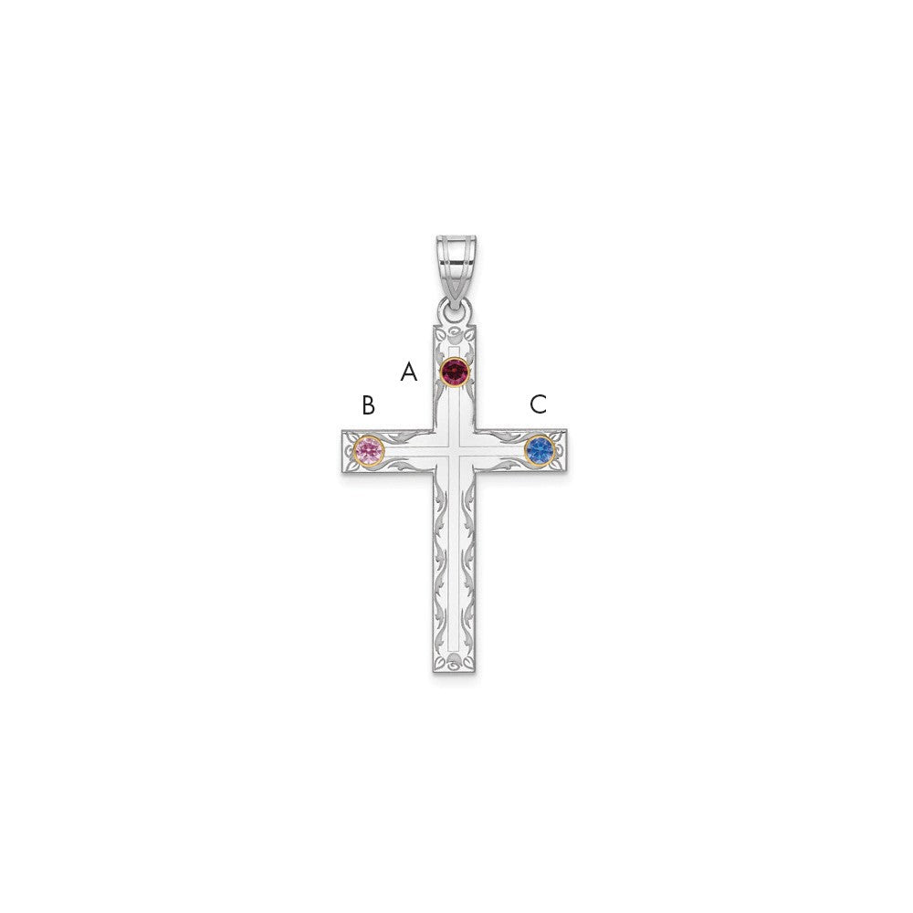 Sterling Silver Rh-plt/14K Bezel Crystal Family Cross Pendant