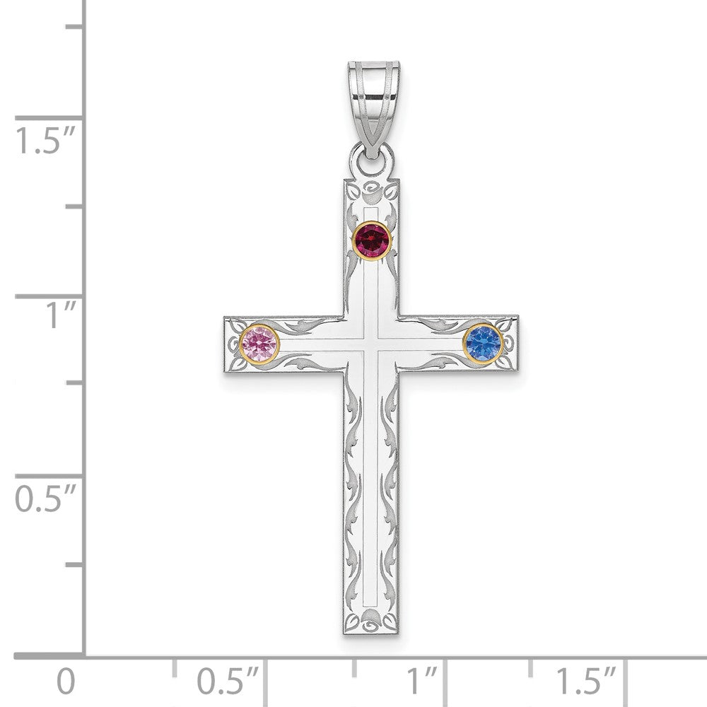 Sterling Silver Rh-plt/14K Bezel Crystal Family Cross Pendant
